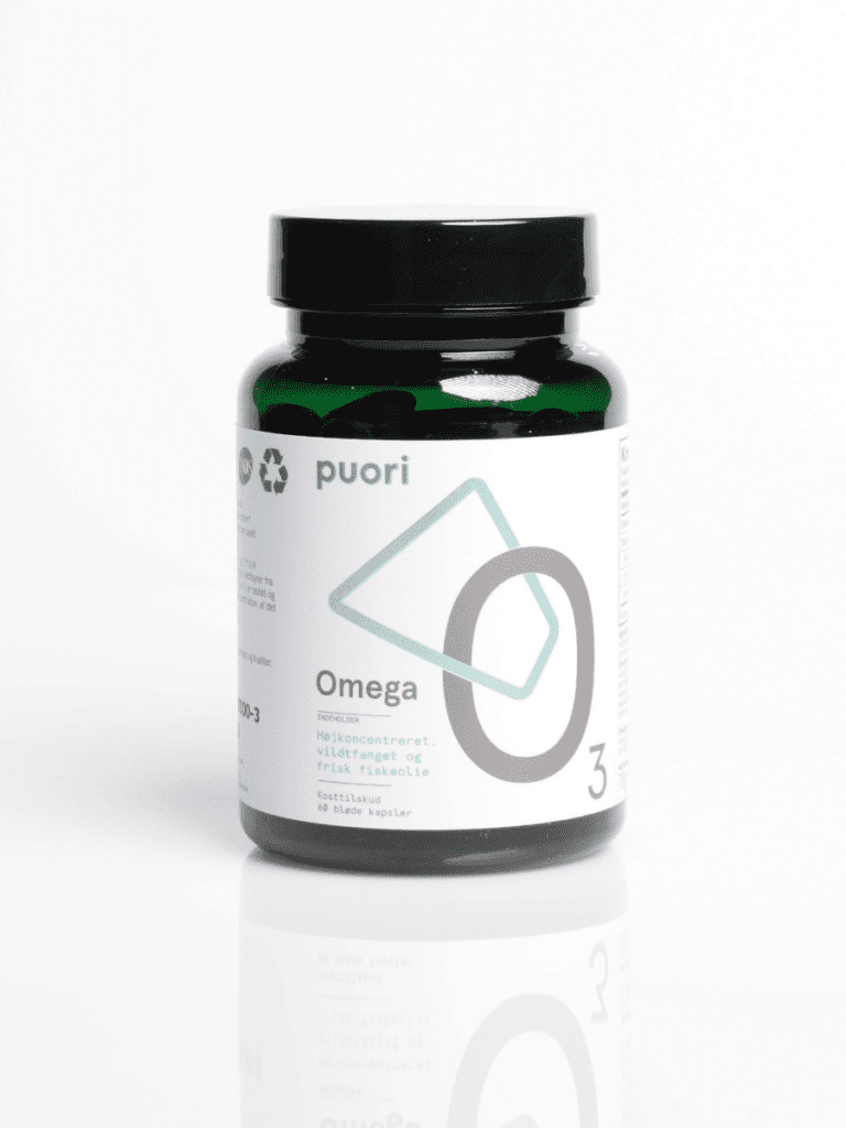 Mørkegrønn Puori Omega 3-flaske med svart lokk og hvit etikett, fiskeolje-kosttilskudd