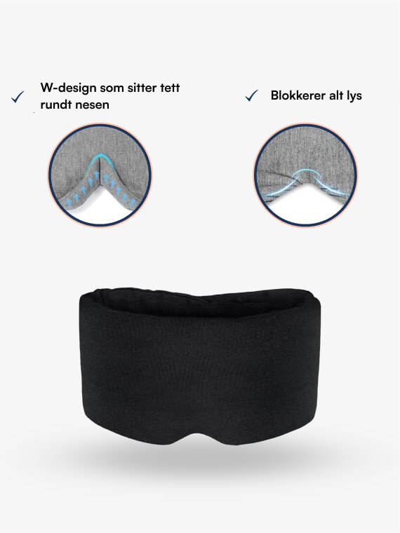 Sort Wrap sovemaske med polstret W-design som slutter tett rundt nesen og blokkerer alt lys