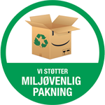 Grønt mærke med åben papkasse, genbrugssymbol og teksten Vi støtter miljøvenlig pakning