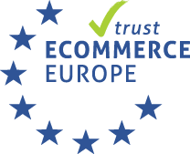 Trust Ecommerce Europe-tillidsmærke med grønt flueben, ECOMMERCE EUROPE-tekst og cirkel af blå stjerner