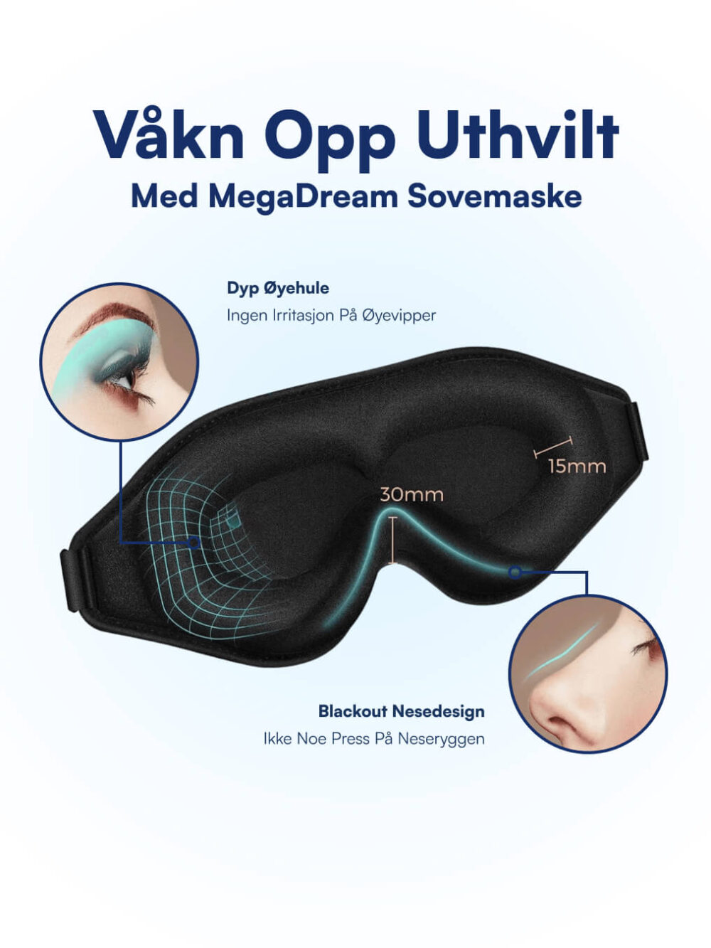 Svart MegaDream sovemaske med dype øyehuler, 30 mm plass, 15 mm kant og blackout nesedesign for full mørklegging