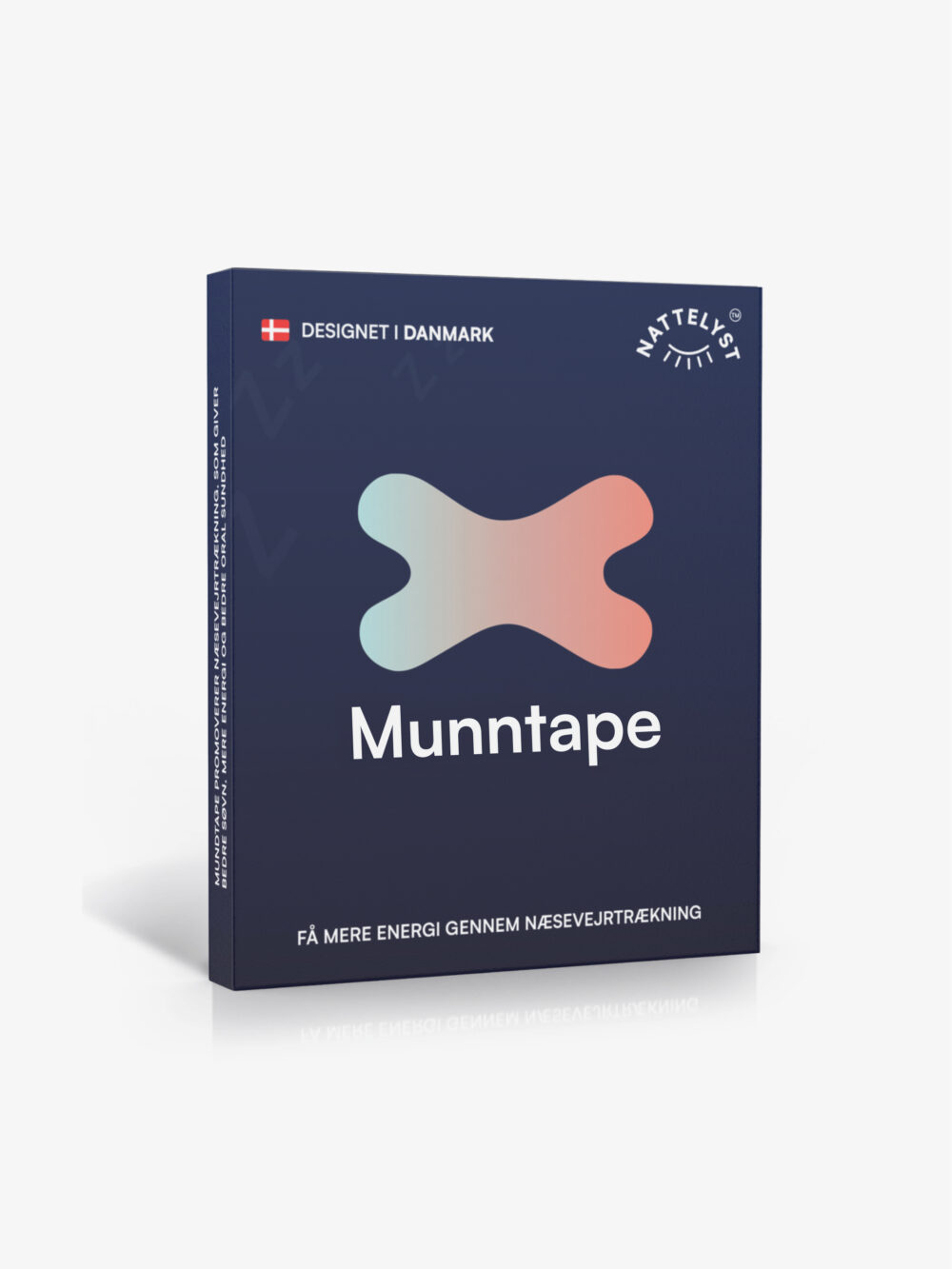 Munntape eske i mørkeblå med gradient pastelllogo, tekst Munntape og dansk design