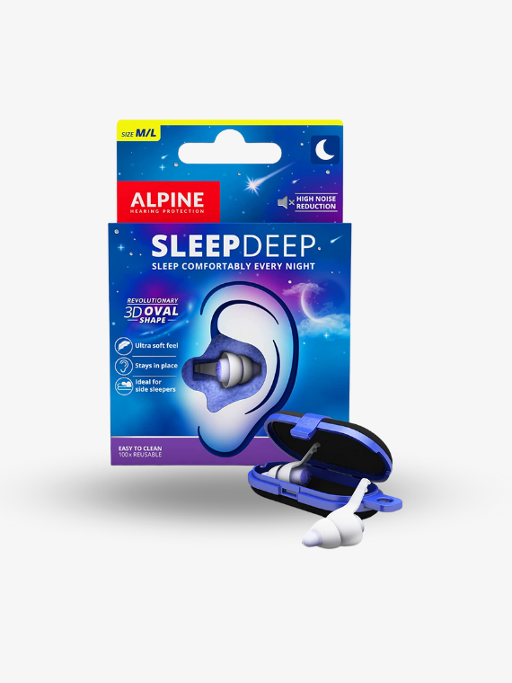Alpine SleepDeep ørepropper til søvn i blå æske med bærbart opbevaringsetui