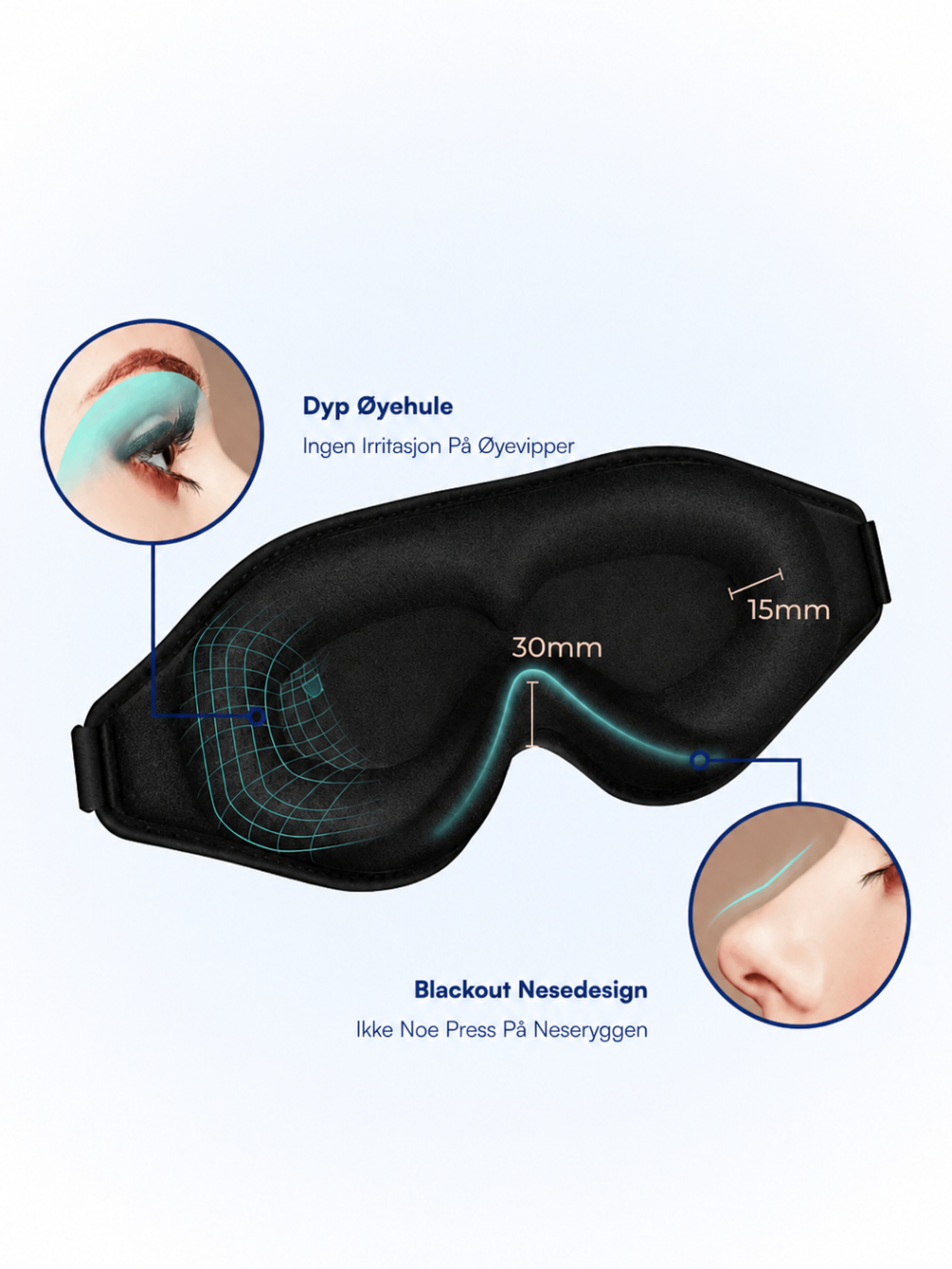 Sort konturert sovemaske med dype øyehuler, 30 mm midtrom og blackout nesedesign
