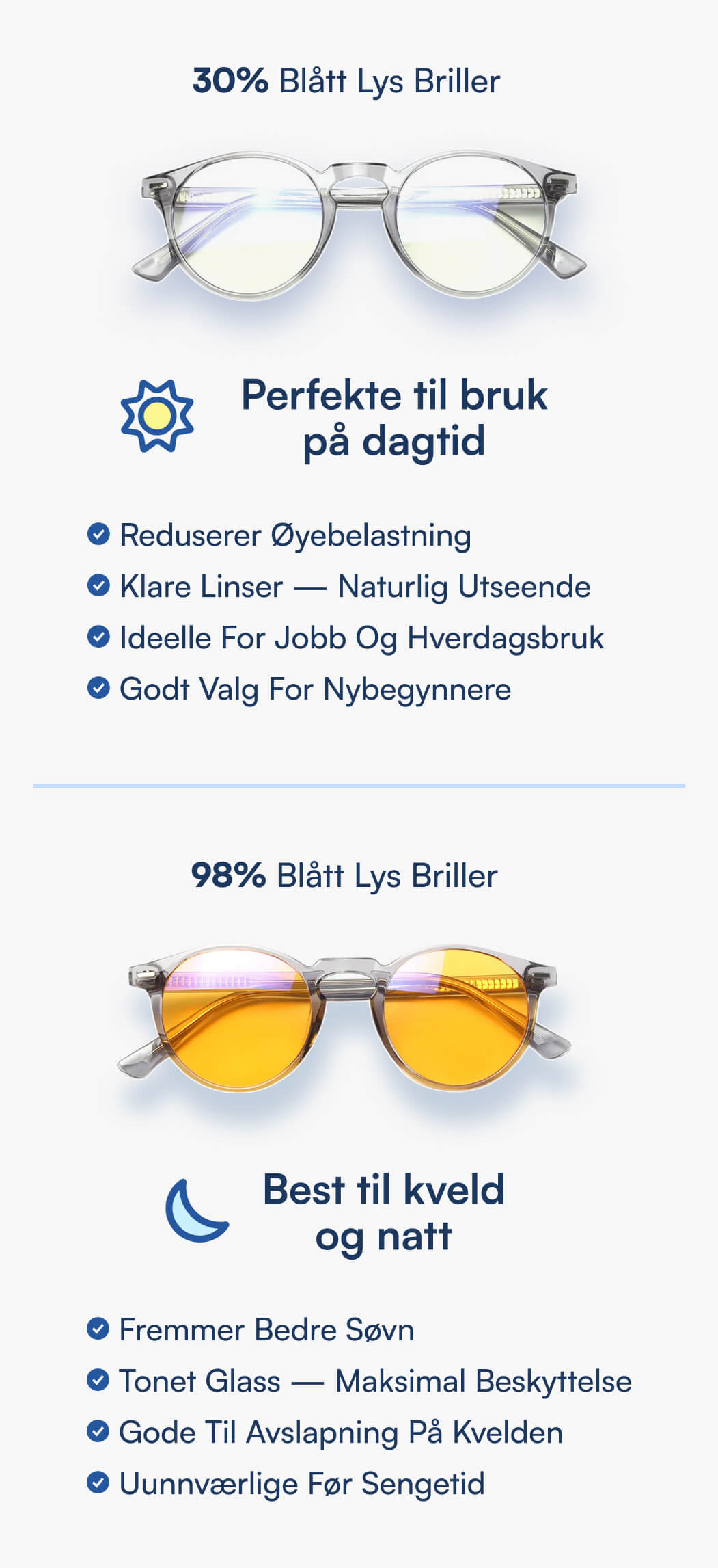 To blålysbriller: klare dagbriller (30% filtrering) øverst og gule nattbriller (98% blålysbeskyttelse) nederst