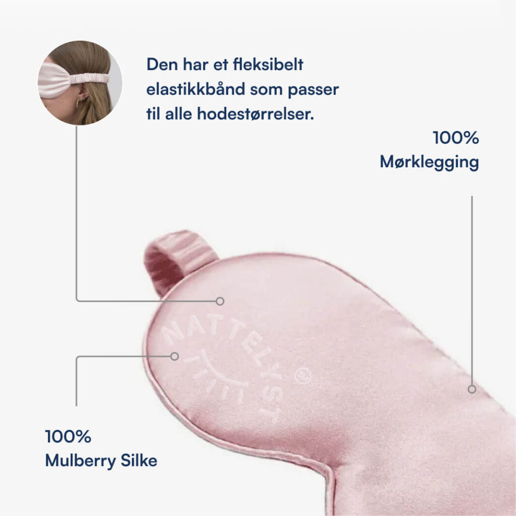 Lyserød sovemaske i 100% mulberry-silke med fleksibelt elastikbånd og fuld mørklægning