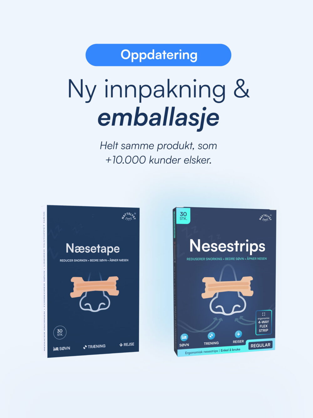 To blå esker med nesestrips og nesetape, ny emballasje for redusert snorking og bedre pust