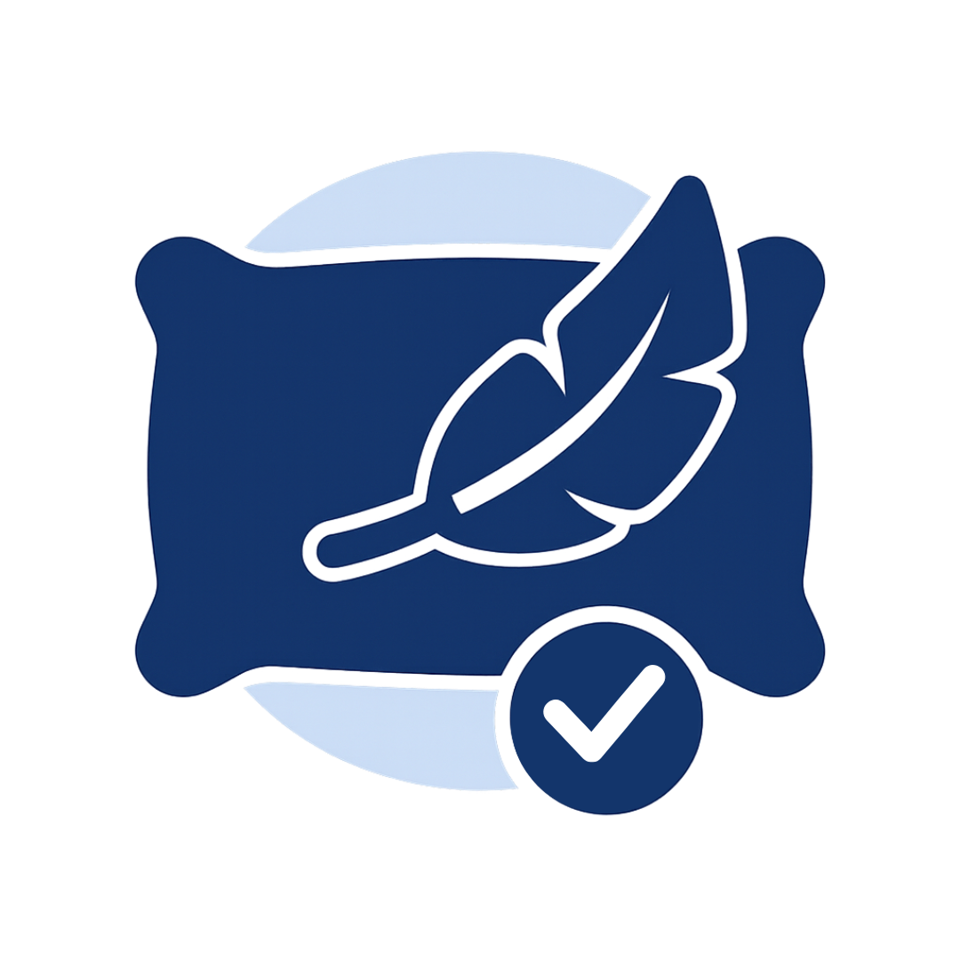 Blåt pudeikon med fjer og tjekmærke, symbol for blød og let pude