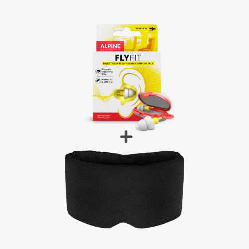 Alpine FlyFit ørepropper med etui og ekstra silikonepropper samt sort blød sovemaske