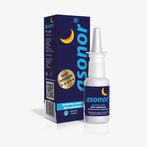 Asonor nesespray og eske med månelogo og Test Winner-merke for å redusere snorking