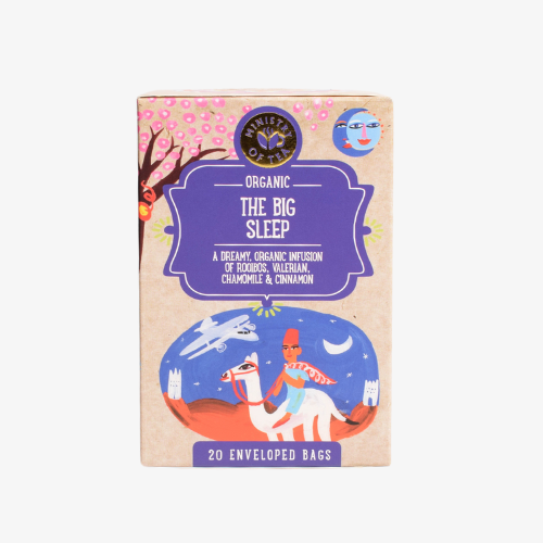 Økologisk te The Big Sleep-boks med illustrasjon av måne og kamel, rooibos, valerian, kamille og kanel, 20 poser