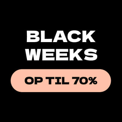 Black Weeks-tilbud, op til 70% rabat på sort baggrund med lyserød oval knap