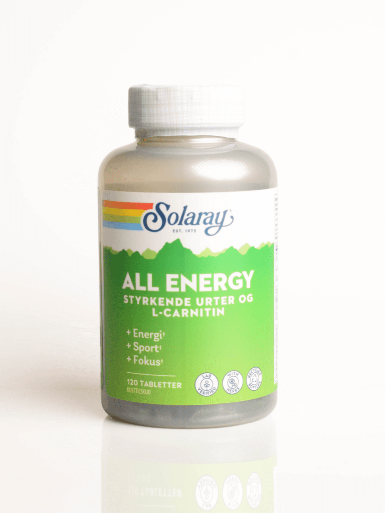 Solaray All Energy kosttilskudd med styrkende urter og L‑carnitin, grønn etikett, 120 tabletter