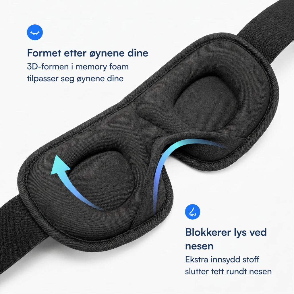 Sort 3D memory foam sovemaske med formede øyekopper og ekstra nesetetning som blokkerer lys