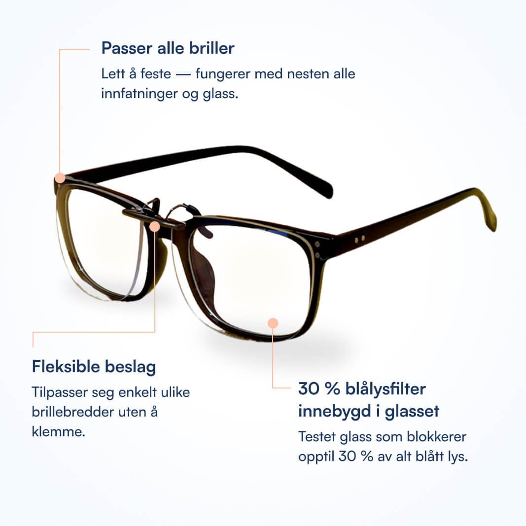 Brune hornbrille-innfatninger med clip-on blålysfilter og fleksible beslag