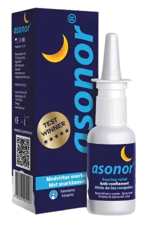 Asonor næsespray mod snorken, blå emballage med månelogo og testvinder-mærke