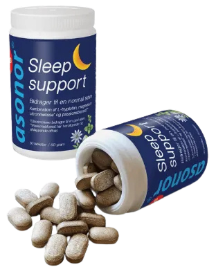 Beholdere med Sleep Support søvnstøtte-kosttilskudd, en åpnet med tabletter spredt