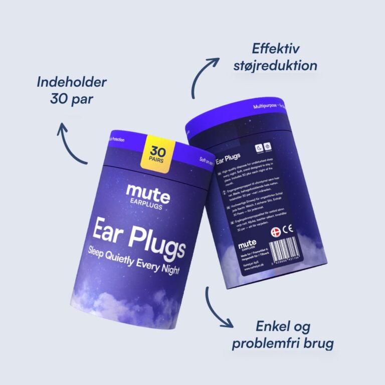 To lilla sylinderbokser med Mute ørepropper, 30 par, nattmotiv, tekst om effektiv støydemping og enkel bruk