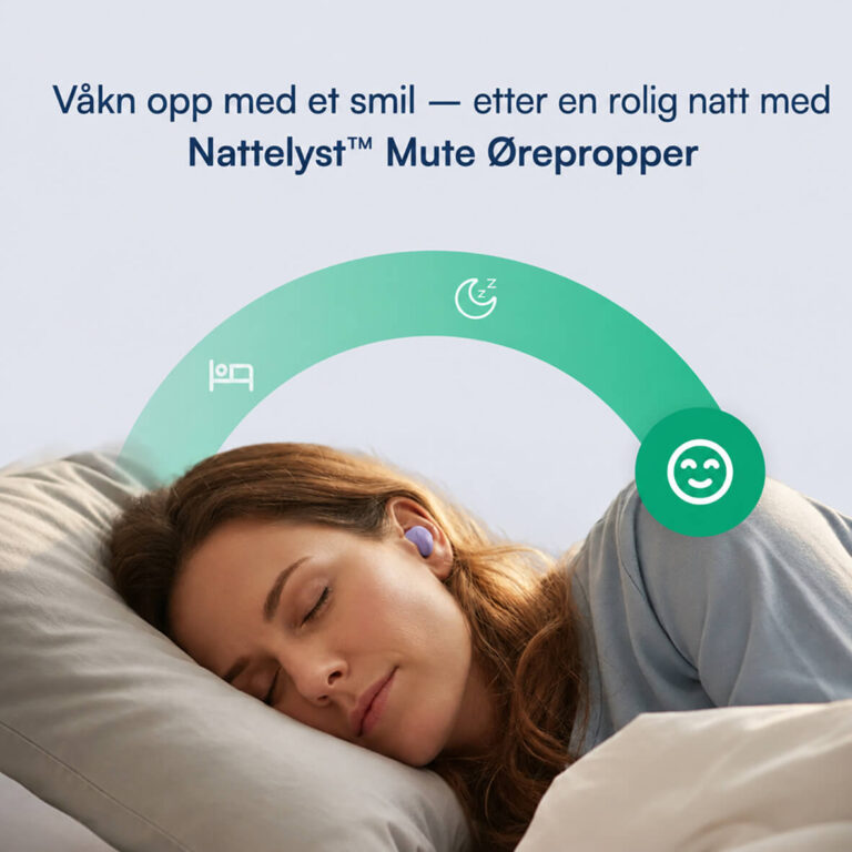 Kvinne sover rolig med lilla ørepropper for forbedret søvnkomfort