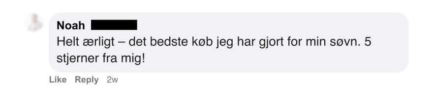 Dansk kommentar på sociale medier, roser køb for bedre søvn og giver fem stjerner