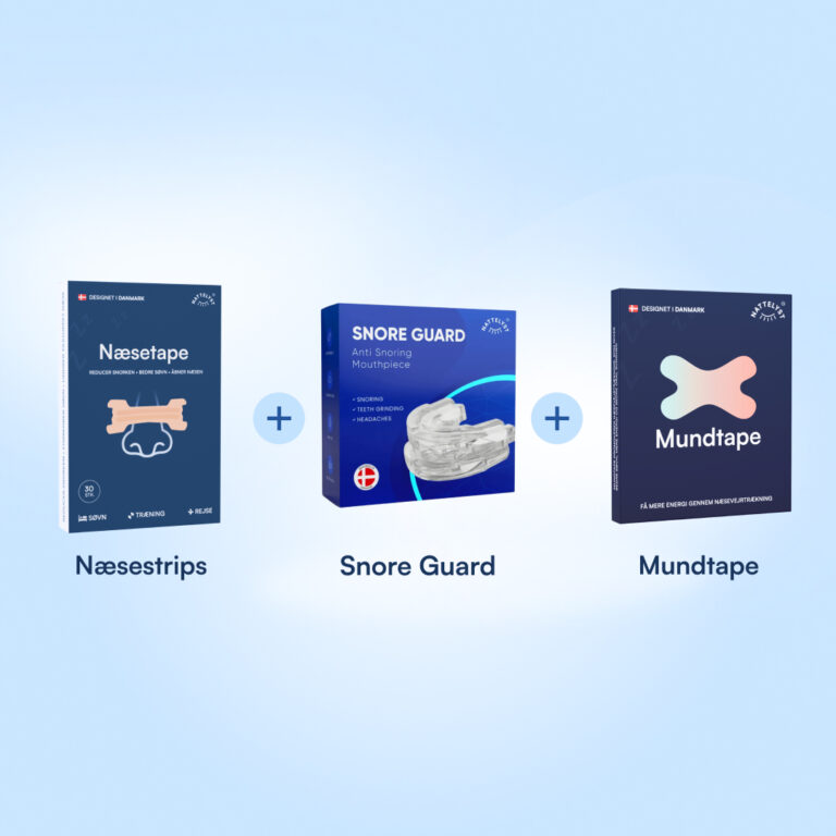 Snorkepakke med næsestrips, Snore Guard anti-snorke mundstykke og mundtape