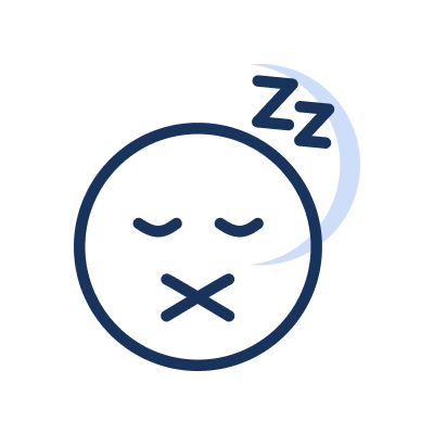 Sovende ansikt med lukkede øyne, kryssmunn og måne med Zzz, symbol på sovemodus og stille søvn