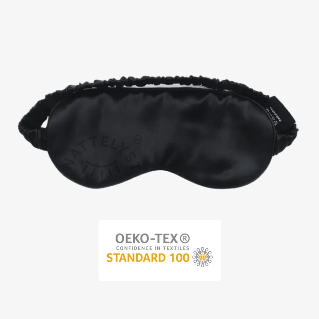Svart sateng sovemaske med elastisk rynkestropp og OEKO-TEX Standard 100-merke