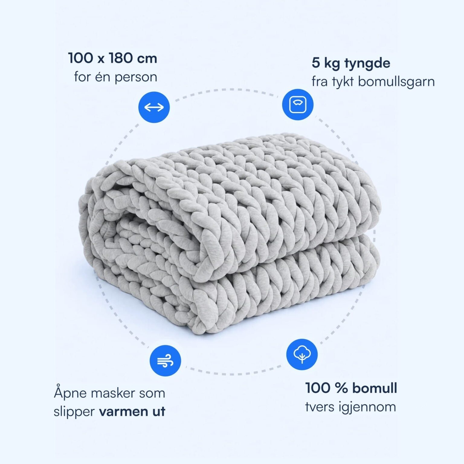 Nattelyst Strikket Vektteppe: 100 x 180 cm, 5 kg tyngde, 100 % bomull