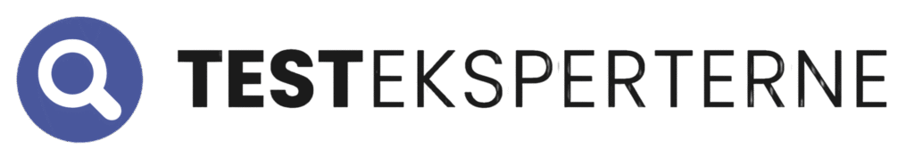Testeksperterne-logo med blå sirkel og hvitt forstørrelsesglass, svart tekst